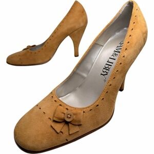 Sam & Libby Tan Suede Bow Pumps Y2K Kitten Heel Vintage Size 8.5